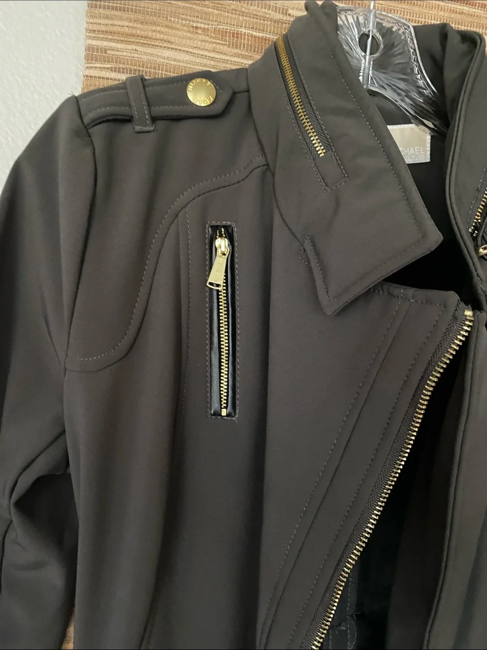 COPY MK Dark Olive Micro Fur Lined Coat Rain Resistant Stretch Hood Belt S